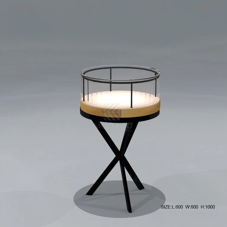 LuminaCirque Modern Minimalist Round Jewelry Showcase With Warm Oak Accent & Cross-Brace Frame factory