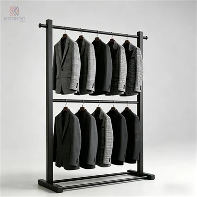 MOOKOO Premiwm Dynion Dwbl-Haen 8mm Trwchus Farnais Metal Stand Arddangos Modern Rack Dillad Arddangosfa Wangdian