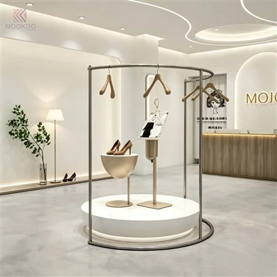 Metel Crwn Cylchdroi Dillad Modern Arddangos Rack Farnais Gorffen Hangers Sefyll Garme Boutique Annibynnol Ar gyfer Arddangosfa Manwerthu Wangdian